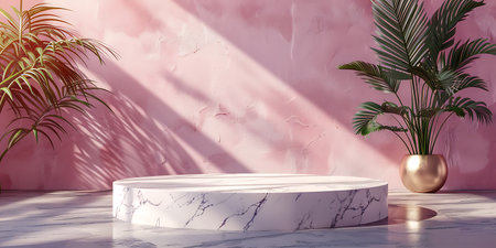 3d render of white marble podium with palm leaves on pink backgroundの素材