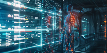 Human body with digital medical interface. 3d rendering toned image double exposureの素材