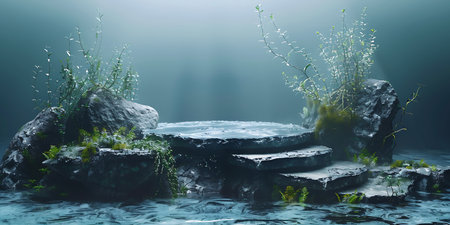 3d rendering of a fantasy landscape with a stone podium in the waterの素材
