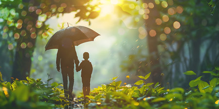 Silhouette of father and son with umbrella in the rain.の素材