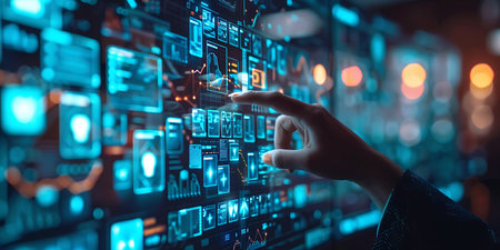 Close up of human hand touching icon on media screen. Mixed mediaの素材