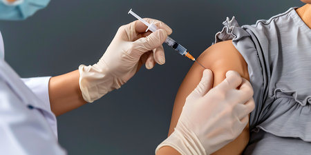 Doctor vaccinating young woman in hospital. Vaccination and immunization concept.の素材