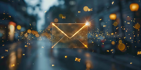Abstract glowing email symbol on night city background 3D rendering toned image double exposureの素材