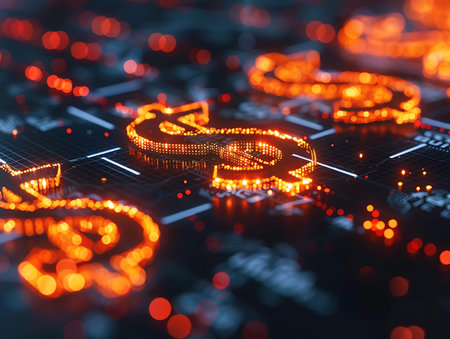 Futuristic glowing dollar sign on a digital background. 3d renderingの素材