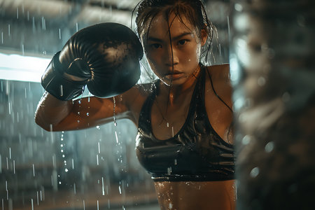 Beautiful young woman boxing in a gym under a heavy rain.の素材