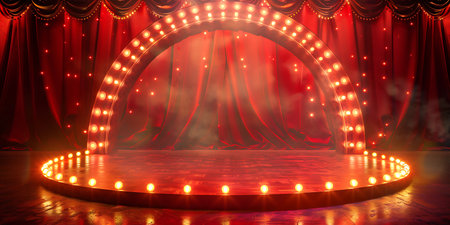 Stage with red curtains and spotlights, 3d render illustration.の素材