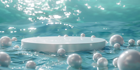 3d rendering of a white podium on the water surface with pearlsの素材