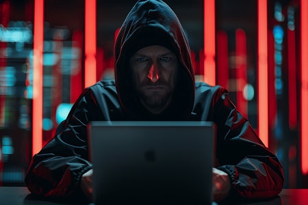 Hacker in dark hoodie using laptop in dark room with red lightsの素材