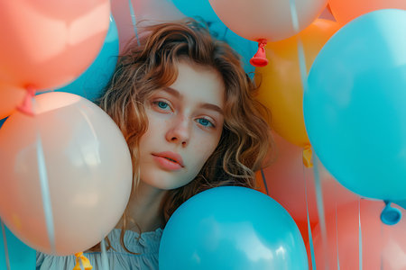 portrait of a beautiful girl with balloons on a blue background.の素材