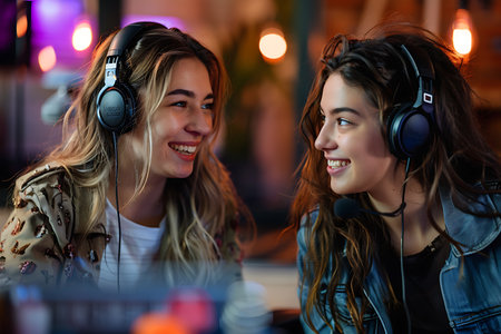 Portrait of two young women in headphones listening to music and smilingの素材