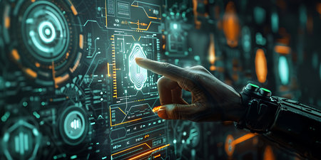 View of a Cyborg hand holding a futuristic interface - 3d renderingの素材