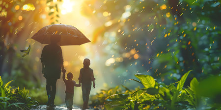 Silhouette of father and son with umbrella in the rain.の素材
