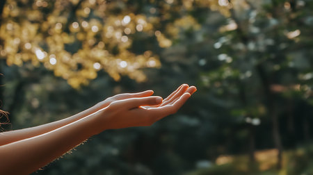 Close up of woman hands on nature background with sunlight and bokehの素材