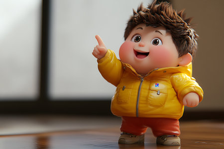 Cute little boy in yellow jacket pointing up with finger and smilingの素材