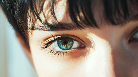 Close-up of a beautiful young woman's blue eye with long eyelashesの素材
