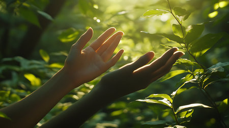 Hands of young woman in the green forest. Beautiful nature backgroundの素材