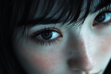 Close-up of a beautiful young girl with long eyelashes.の素材