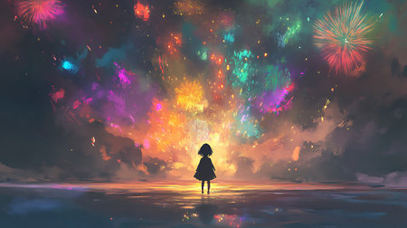 Little girl watching fireworks in the night sky.3d illustration.の素材