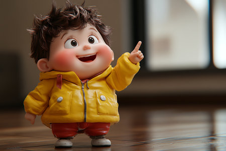 Cute little boy in yellow jacket with finger pointing to the sideの素材