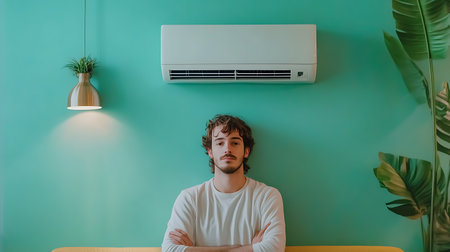 young man standing in front of the air conditioner on the green wallの素材