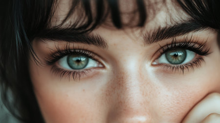 Close-up portrait of a beautiful young woman with green eyes.の素材