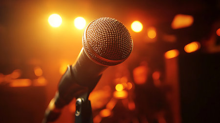 Microphone on stage in concert hall or conference room with lights on backgroundの素材