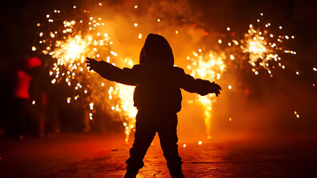 Silhouette of a little boy in a hood with firework.の素材