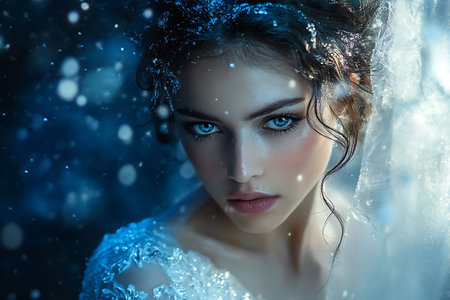 Portrait of a beautiful young woman with snow on her face.の素材