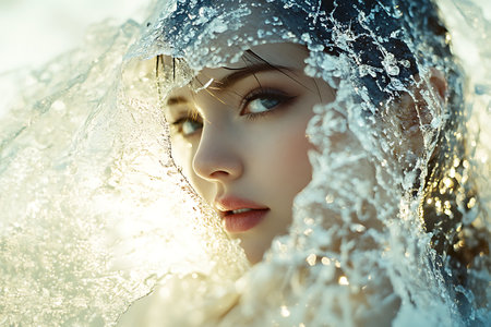 Beautiful young woman in a transparent raincoat. Close-up portrait.の素材