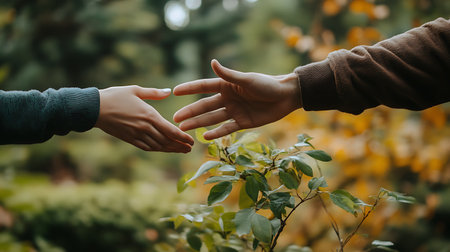 Close-up of a couple holding hands while standing in the autumn parkの素材