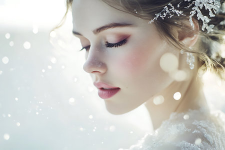 Beautiful young woman with snowflakes on her face in white dressの素材