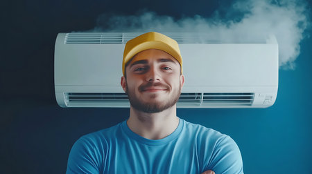 Portrait of a young man in a yellow cap and blue t-shirt with an air conditionerの素材