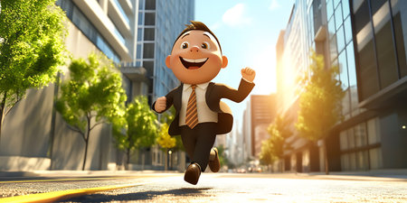 Businessman running on the street in the city. 3d renderingの素材