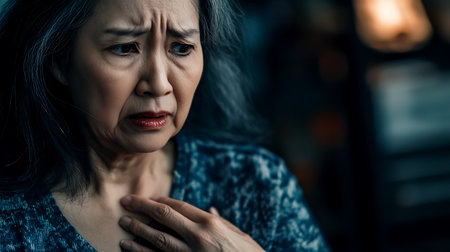Asian senior woman suffering from chest pain, heart attack or chest pain, healthcare and medicine concept.の素材