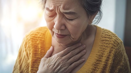 Asian senior woman suffering from chest pain at home. Healthcare and medical concept.の素材