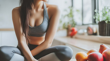 Beautiful slim body of woman in sportswear sitting on exercise bike in the kitchen.の素材