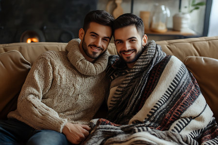 Portrait of happy gay couple in sweaters sitting on sofa at homeの素材