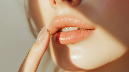 closeup of beautiful young woman lips with manicure and nail polishの素材