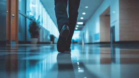 Low section of businessman feet walking in corridor at office. Toned imageの素材