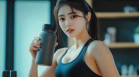 Beautiful young asian woman with sport bottle in the gym.の素材