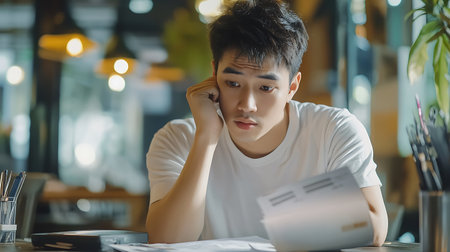 Young asian man sitting in a coffee shop and reading documents.の素材