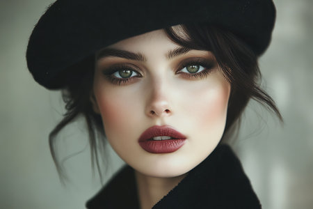 Fashion portrait of beautiful young woman with bright makeup and black hatの素材
