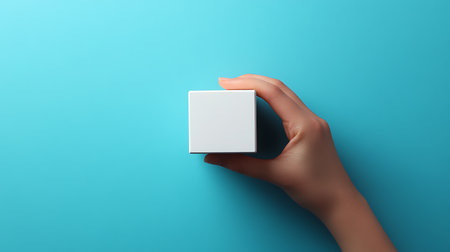 Female hand holding a white box on blue background. Top view.の素材