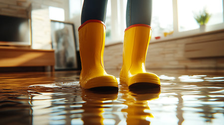 Feet of woman in rubber boots on floor at home, closeupの素材
