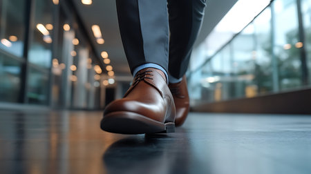 Businessman walking in the office, close-up of his legsの素材