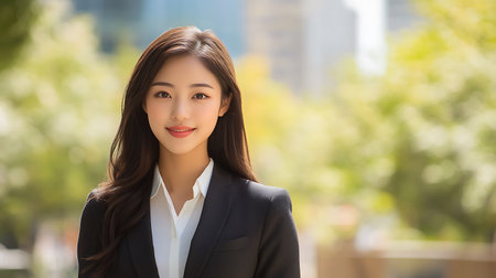 business woman smile and look at you in the city. asianの素材