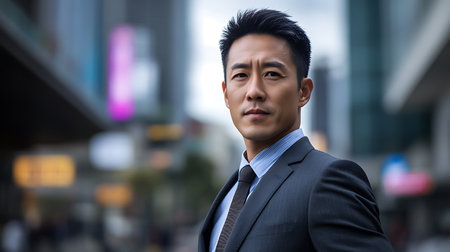 Portrait of young Asian businessman in business suit looking at camera outdoorsの素材