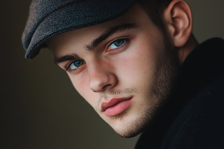 Portrait of a handsome young man in a cap. Men's beauty, fashion.の素材