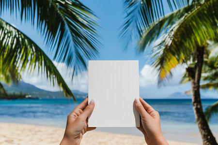 Hands holding blank paper sheet on tropical beach background. Summer vacation conceptの素材