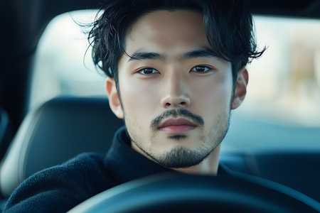Portrait of handsome Asian man looking at camera while driving a carの素材